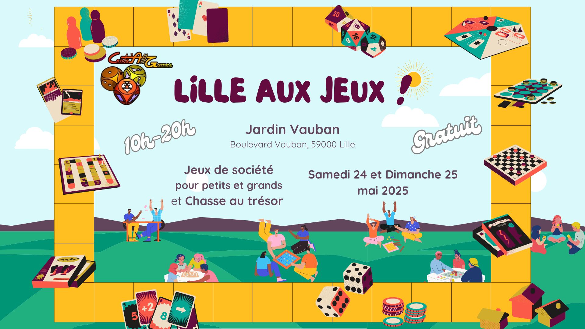 Affiche de Lille aux Jeux 2025 avec le logo de l'association, des informations sur les horaires, l'endroit et les activités proposées