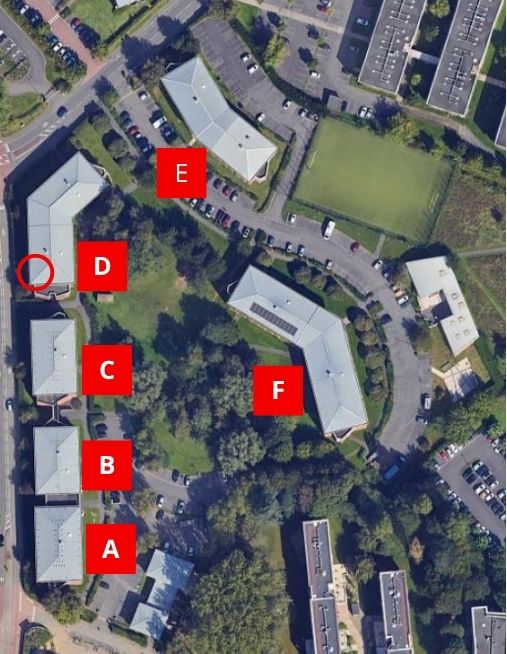 Image satellite de la résidence léonard de Vinci avec entouré en rouge le local Centr'AllGames